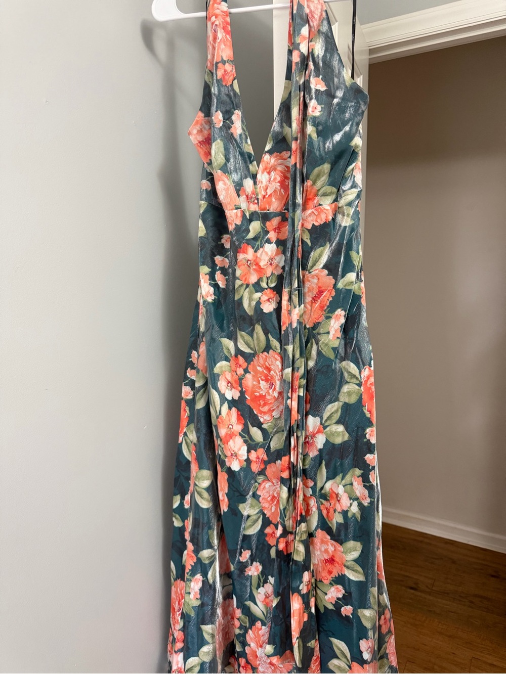 Lulu's Teal Maxi Dress with Coral Floral Print